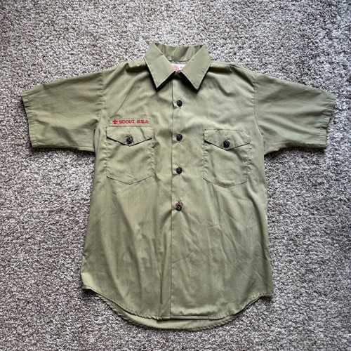 VTG Boy Scout BSA UNIFORM SHIRT Youth Large Short Sleeve Olive 13-13.5