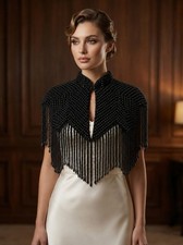 Black Antique Hand Beaded Pearl Bridal Cover Up Cape For Women, Vintage Beaded