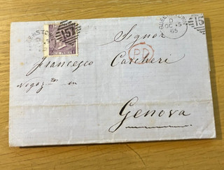 C1663 GB QV Entire cover to Genova with super 6d stamp Queenstown cancel NR