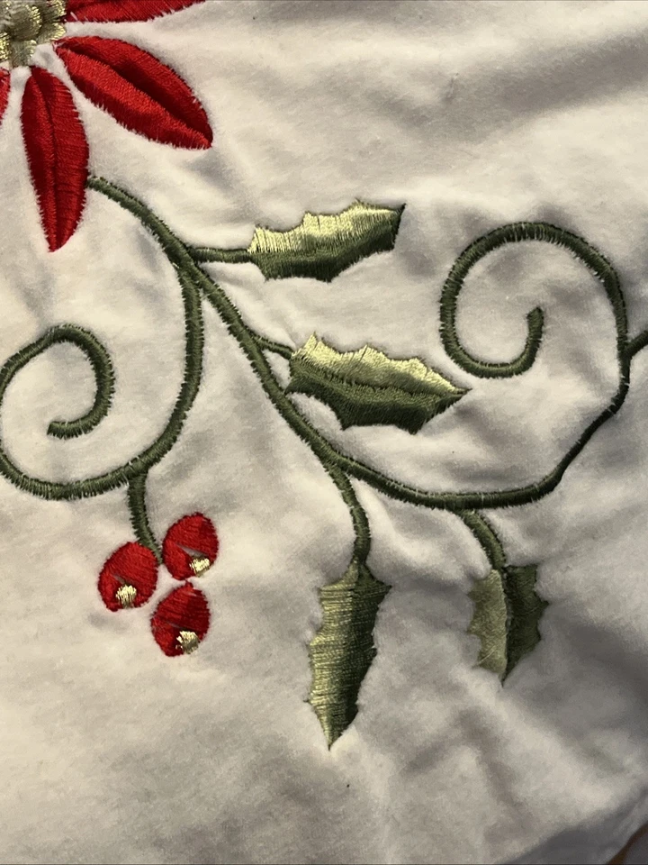 Large 77" White Pine Brand Embroidered Poinsetta & Holly Christmas Tree Skirt - Image 4 of 4