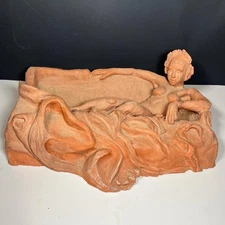 HUGE Terracotta Clay Sculpture Nude Woman Bathing Odalisque Concubine 18" Signed