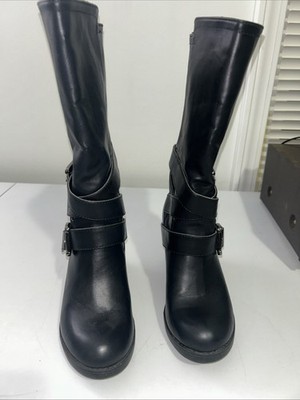 MIA Vintage Black Leather Chunky Heels Buckle Decor Mid Calf Boots Size 6 M Nice