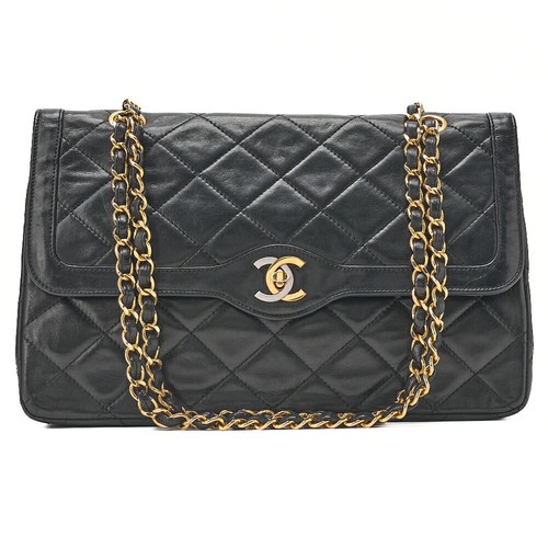 CHANEL Matelass Double Flap Paris Limited Chain Shoulder Bag Black (Gold x Silve