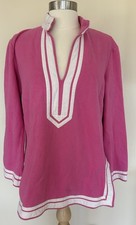 Tory Burch Pink White Popover V-Neck Preppy Size Large Fleece Lined Pullover