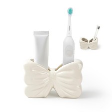 Bow Toothbrush Holder, White Ceramic Multi-Purpose 2-Section Organizer for Ba...