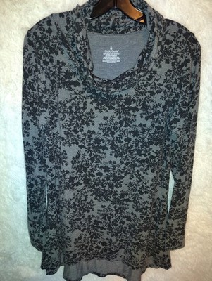 Cuddl Duds SoftWear Stretch Tunic LS Cowl Neck Stretch Black Floral Gray L