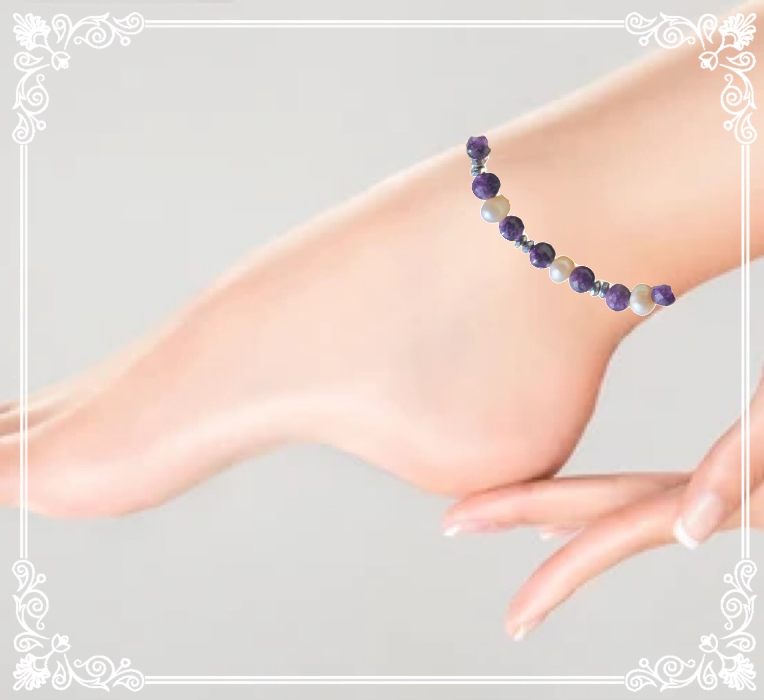 Handmade 6mm Freshwater Pearl Amethyst Hematite Reiki Healing Stretch Anklet