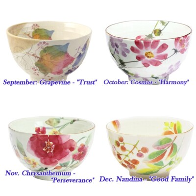 Japanese Rice Bowl Mino Ware Chawan Monthly Flower Stories Sep-Dec Porcelain NEW