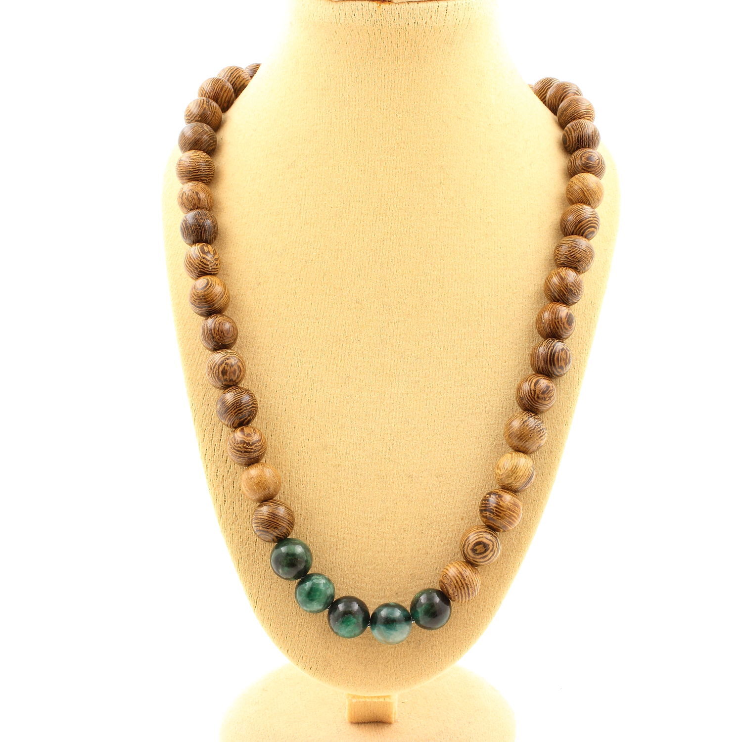 Collier en émeraude de Zambie 3A et perles de bois de 8 mm