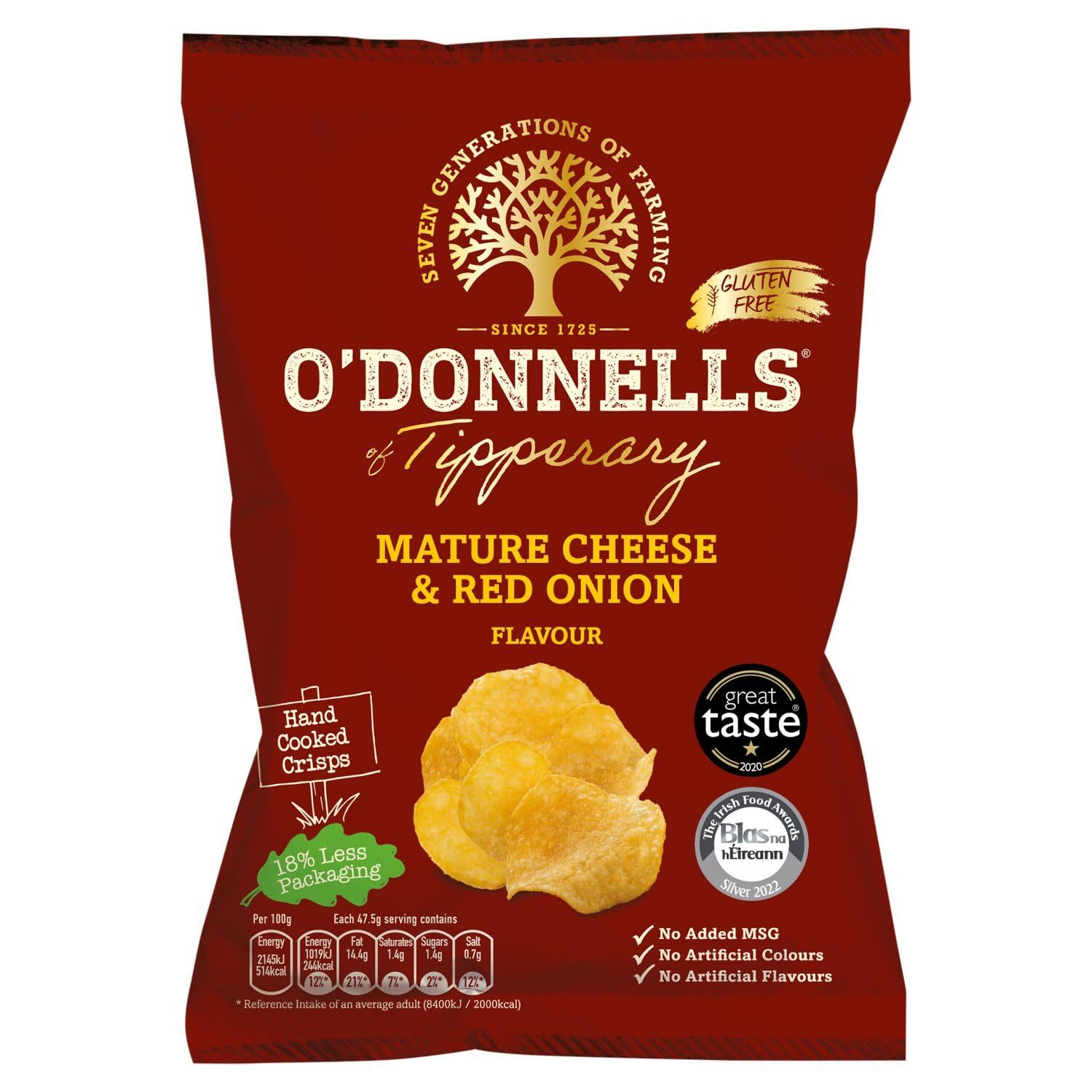 Patatas fritas de queso y cebolla O'Donnells, 47,5 gm, paquete de 6