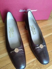 Vintage Salvatore Ferragamo Sz. 8 1/2 Brown Round Toe Pumps Heels Lizard ITALY