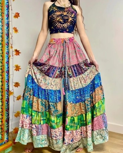 10 pezzi di pantaloni palazzo indiani vintage stampati sari boho zingari gamba larga - Foto 5 di 5