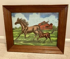 Vintage Tri Chem Liquid Embroidery Horse With Colt Framed Picture #8232