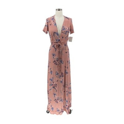 00055 Lulus Floral Faux Wrap Maxi Dress Pink Size Small bohemian beach resort