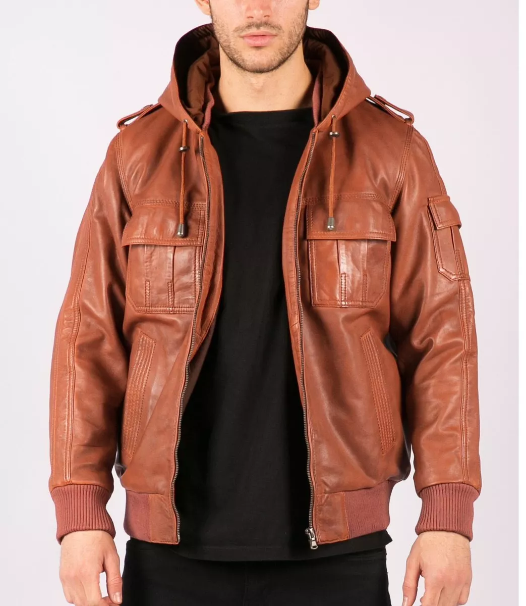 Men's genuine leather 2025 bomber jackets with hood