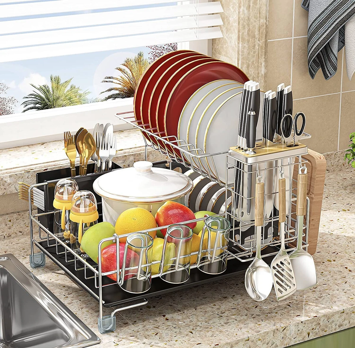 2 Tier Dish Drying Rack, Dish Rack for Kitchen Counter, Rust-Proof Dish  Drainer, S-Shaped Dish Strainer with Drain Board, Utensil Holder, Cup  Holder