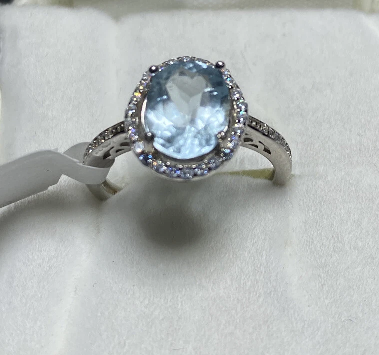 Anillo Aguamarina Natural Genuino Acabado Oro Blanco Corte Ovalado 10x8 mm Acento Halo Foto 3 de 3