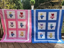 2 Pair Vintage Hand Crafted Quilts Sunbonnet Sue and Sam Crib Blankets Blue Pink
