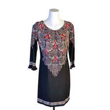 dressbarn Black Long Sleeve Dress Red White Paisley size 6 Excellent Work Travel