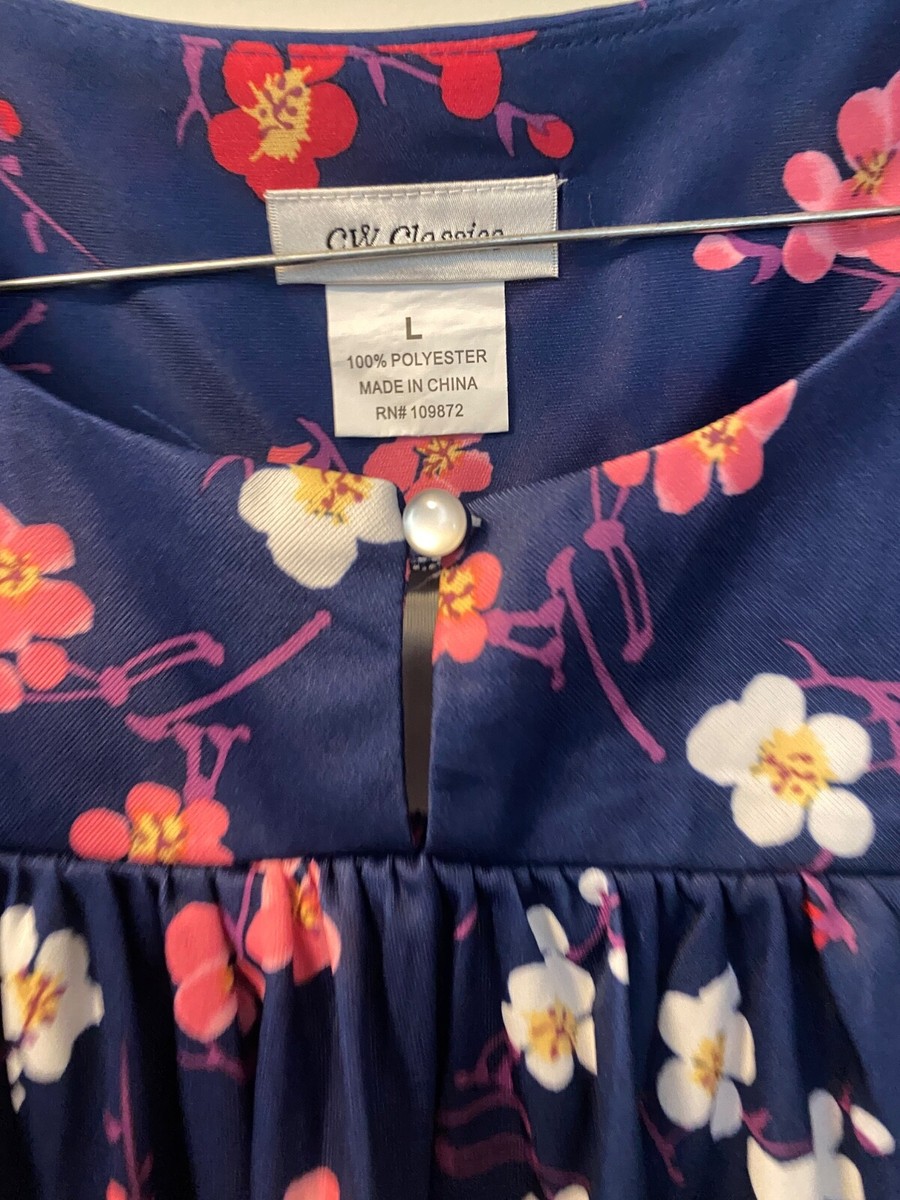 Women’s Sleeveless Tunic Navy W Pink White Flowers Pearl Buttons Comfy Home View 5