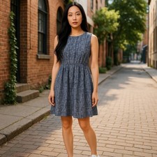 THML Gathered Waist Lined Sleeveless Dress Size L Navy Print