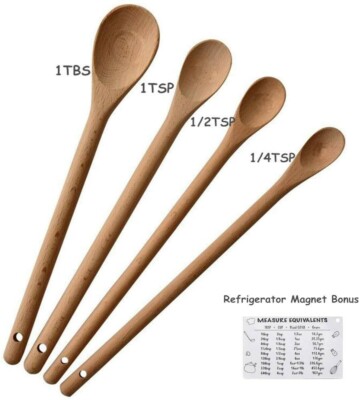Set of 4 9'' Long Handle Wooden Measuring Spoons 1 TBS, 1 TSP, 1/2 TSP, 1/4 TSP