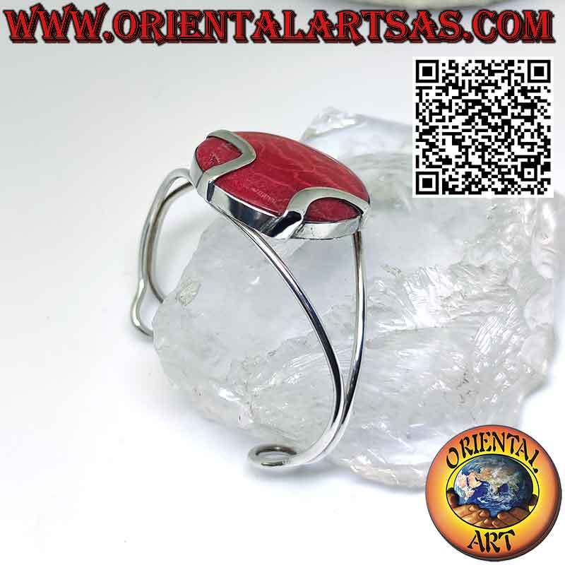 Bracelet En Argent 925 Rhodié Avec Corail Rouge 3 Mm - Modèle Semi-rigide Delmaoro - Longueur Réglable 18 Cm - Neuf Avec étiquettes