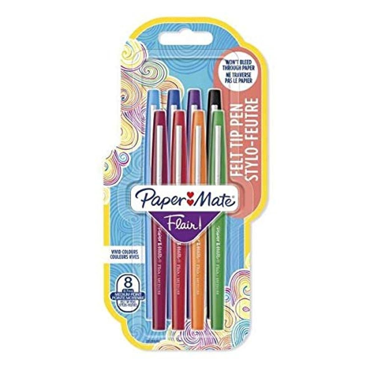 Paper Mate - Set di 8 penne Flair, punta media, colori assortiti