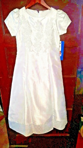 Girls White Satin Easter Wedding First Communion Tea Length Dress *KEEPSAKE* NWT - Picture 3 of 8