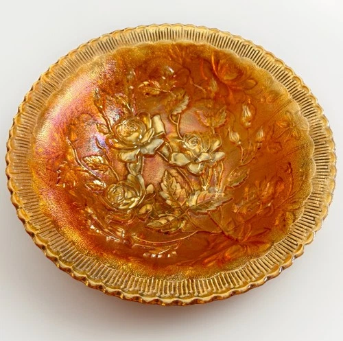 Vintage Imperial Marigold Carnival Glass Bowl Open Rose Pattern Scalloped 10”