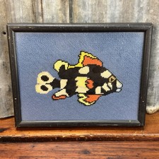 Vintage Framed NEEDLEPOINT TROPICAL FISH 14x11 Canvas Art Wooden Frame Ocean