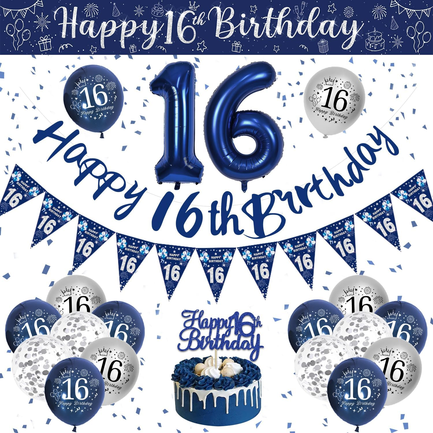 16Th Birthday Decorations Boys, Blue and Silver Happy Birthday Banner, Triangle