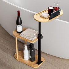 3 Layer Bath Tub Tray Table Freestanding Bamboo Bath Tray Caddy Tub Against Wall