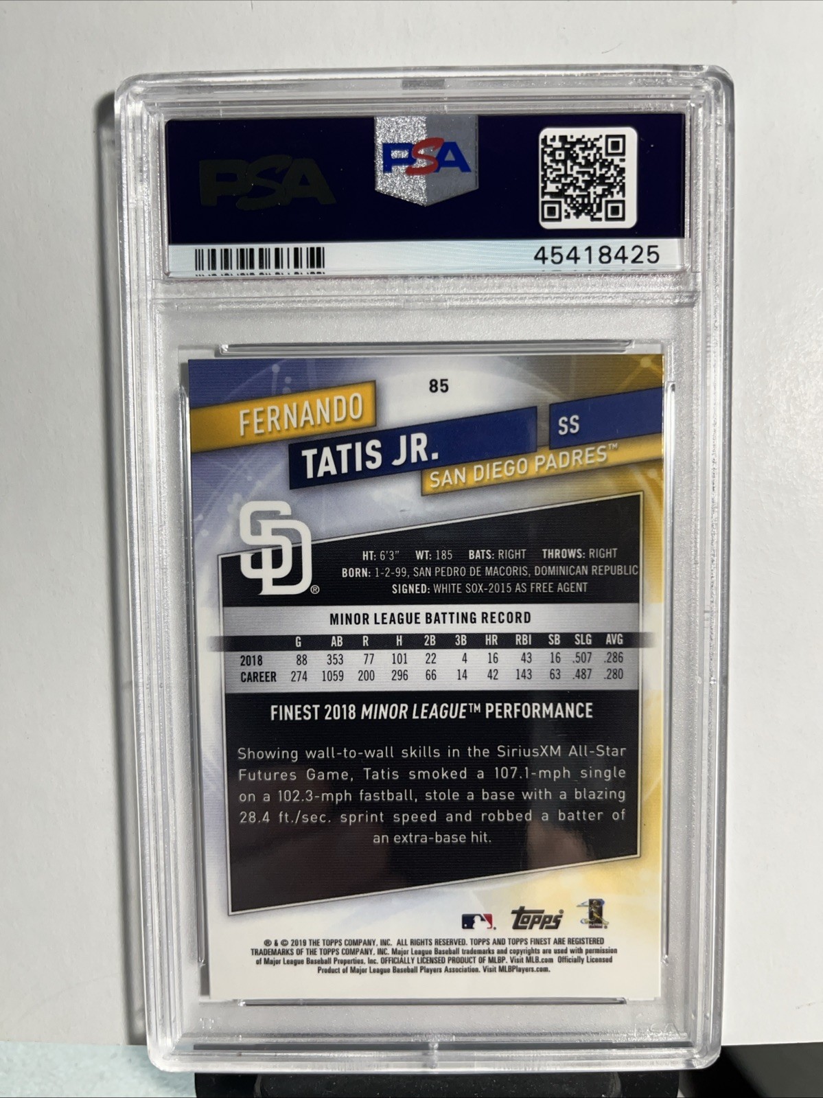 2019 Finest Fernando Tatis Jr. RC Rookie #85 Padres PSA 10 view 6