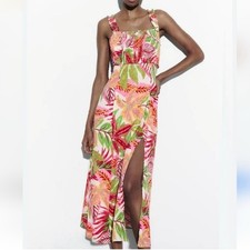 ZARA Tropical Print Smocked Midi Dress with Front Split