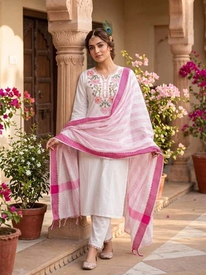 Decent Fabric Weiße Designer Kurta Kurti Cotton Floral Tunika Party Top - Bild 1 von 4