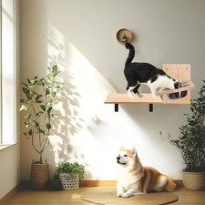 Cat Wall Shelves with Stainless Steel Bowls Wood Perch Play Nap Eat Set