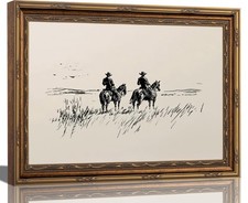 Gold Framed Vintage Cowboy Horse Sketch Canvas Wall Art Neutral Western Paint...