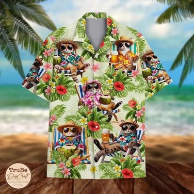 Tropical Cat Hawaiian Shirt Aloha Summer Beach Vacation Mens Womens Gift