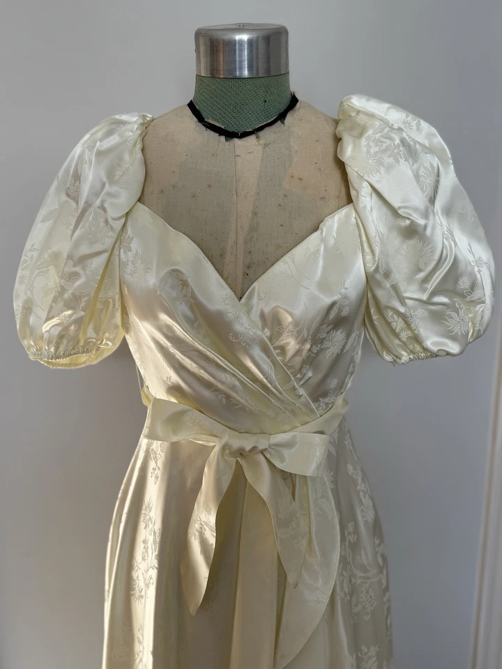 Vintage Ivory Satin Jacquard Gown • Handmade • Puff Sleeves • Wrap Bodice • XS - Image 2 of 4