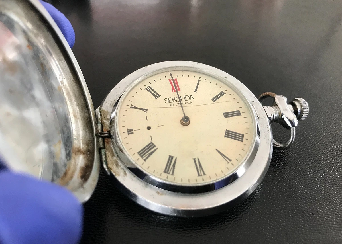 Reloj Bolsillo Sekonda Manual Mecánico Completo Cazador Plateado Blanco Esfera Romana