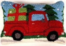 Winter Vintage Red Christmas Truck Hooked Throw Pillow - 8" x 12"