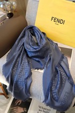 FENDI FF Monogram Silk Blend Scarf Blue 140x140cm Fringed Designer