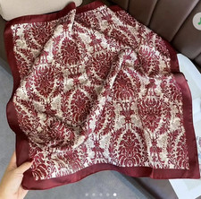 Women Burgundy Cream Damask Silk Feel Satin Square Scarf / 0.99 Additional Ship