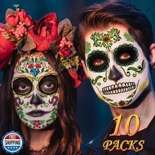 Day of the Dead Face Tattoos, Halloween Temporary Tattoo 10 Pack Dia de Los M