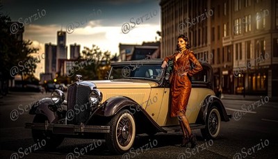 Car and woman, 1930s era, Digital illustration #015
