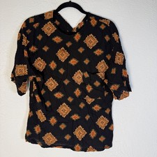VTG Womens L USA Made Rayon Geometric Diamond Print Short Sleeve Blouse Black