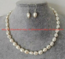 Real 7-8mm White Baroque Freshwater Pearl Necklace Earrings Set 18''