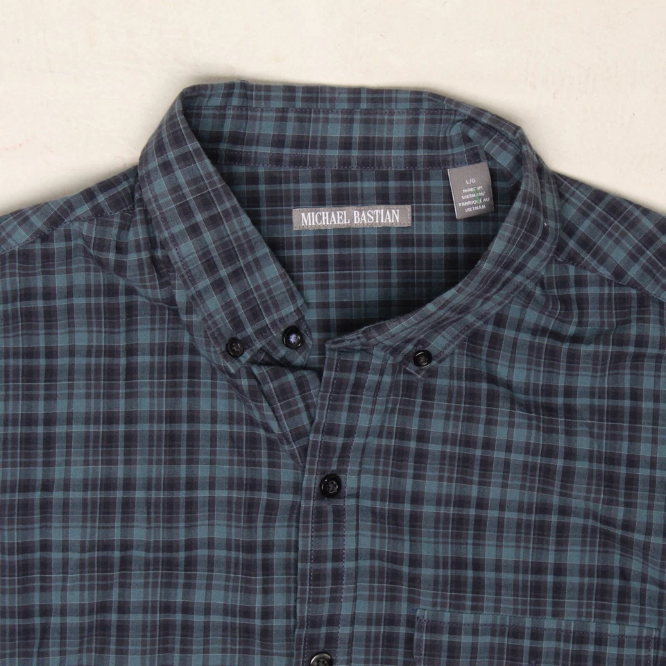 Camisa Michael Bastian Para Hombre L Gris Azul A Cuadros Algodón Cuello Abotonado Bolsillo  Foto 4 de 4