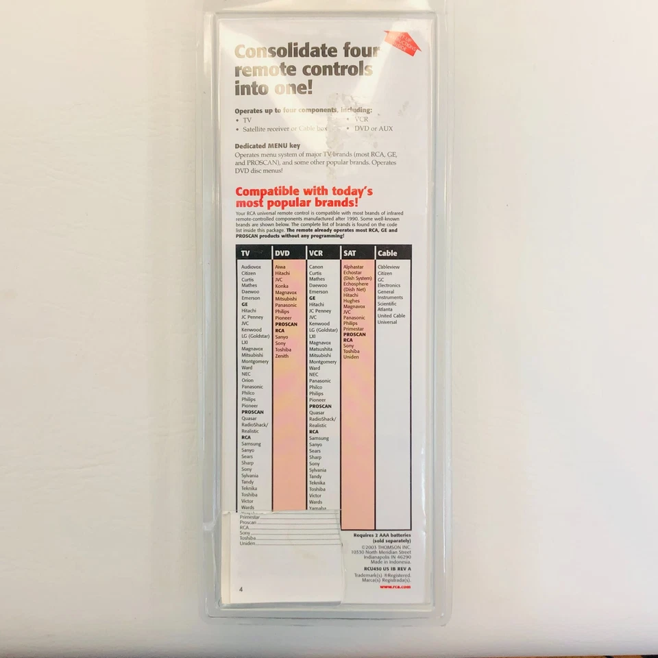 RCA Universal Remote Control RCU450 W8c Watt Cell New Missing Barcode Sealed - Image 2 of 3